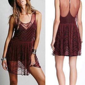 Free People Sheer Mesh Beaded Mini Embellished Slip Dress